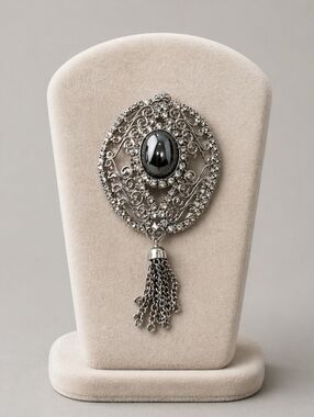 Vintage Art Deco Pendant Silver Tone Black Stone Tassel Statement Old Hollywood